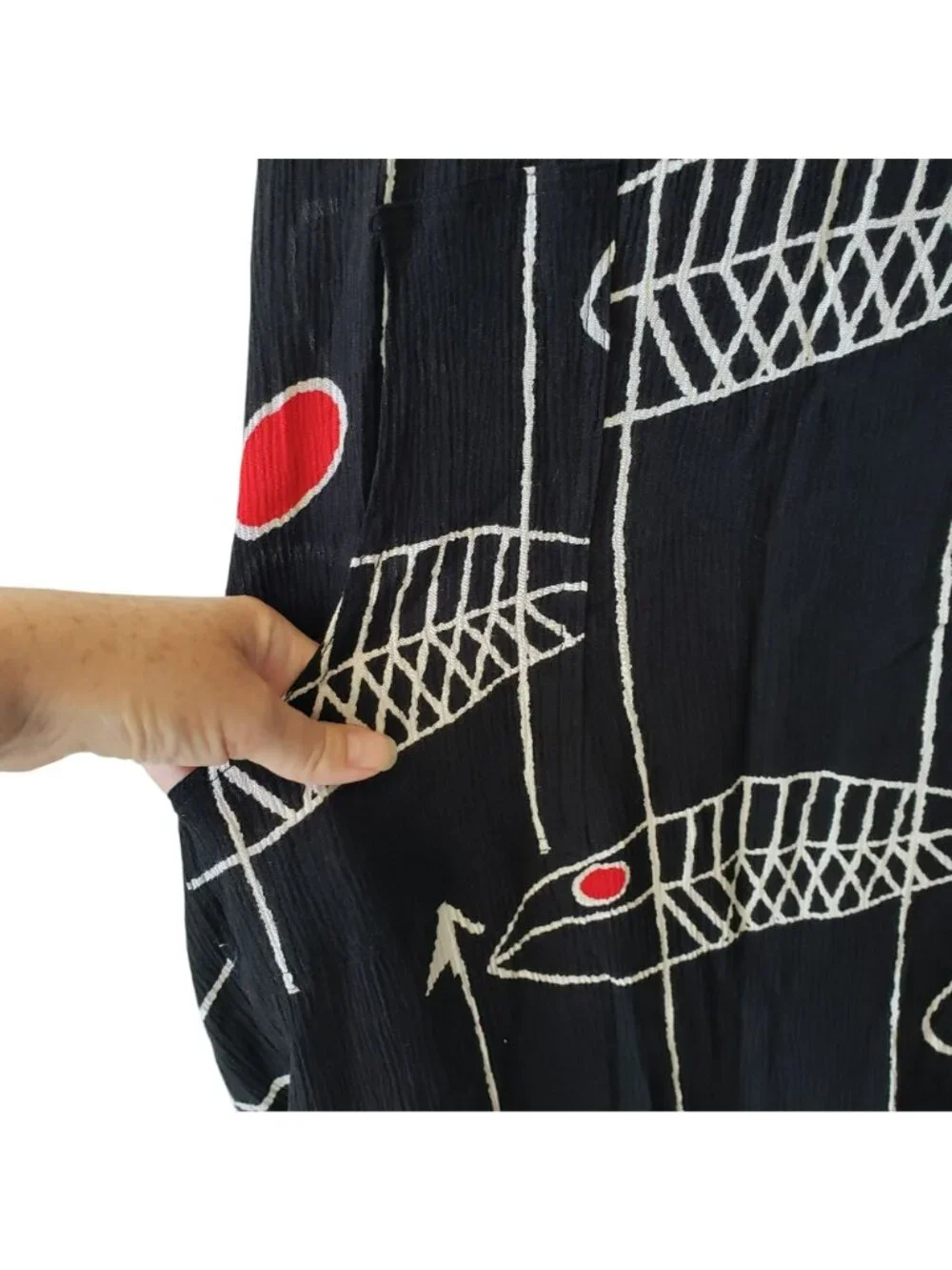 Kaktus Black White Red Fish Print Lagenlook Midi Dress S Boho Art to Wear - Picture 5 of 9
